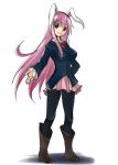  1girl animal_ears blazer blouse boots breasts full_body grin hand_on_hip lavender_hair leggings long_hair necktie outstretched_arm rabbit_ears red_eyes reisen_udongein_inaba shadow shinmon_akika simple_background skirt smile solo standing touhou very_long_hair white_background 