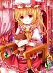  1girl :d ascot blonde_hair doll_hug flandre_scarlet looking_at_viewer mob_cap moseley open_mouth red_eyes side_ponytail sitting smile solo stuffed_animal stuffed_toy teddy_bear touhou wings wrist_cuffs 