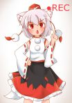  1girl :&lt; amboina animal_ears bare_shoulders blush detached_sleeves hat highres inubashiri_momiji looking_at_viewer pom_pom_(clothes) recording red_eyes ribbon-trimmed_sleeves ribbon_trim short_hair silver_hair simple_background tail tokin_hat touhou white_background wolf_ears wolf_tail 