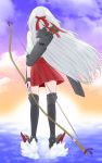  1girl archery arrow black_legwear bow_(weapon) from_behind hachimaki headband kantai_collection kyuudou long_hair machinery quiver reverse_grip shoukaku_(kantai_collection) skirt solo standing standing_on_water thigh-highs udon_(shiratama) weapon white_hair 