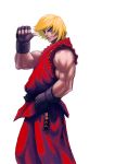  1boy blonde_hair blue_eyes dougi eyebrows fingerless_gloves gloves hand_on_hip ken_masters muscle pointing pointing_at_self short_hair sleeveless solo street_fighter thick_eyebrows white_background yong_nin_young 