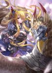  1girl armor blonde_hair breasts cleavage clouds faulds gauntlets griffin hair_over_one_eye highres long_hair looking_at_viewer monogo navel original pauldrons red_eyes riding sky solo very_long_hair 