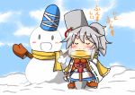  1girl blush breath doya-gao japanese_clothes kariginu mononobe_no_futo ponytail rindou_(p41neko) scarf shovel snow snowman solo touhou white_hair worktool 