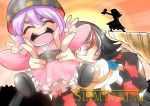  2girls bowl_hat carrying cliff crazy_eyes crazy_smile double_v horns kijin_seija minigirl multiple_girls parody red_eyes sukuna_shinmyoumaru sunrise the_lion_king touhou v verta_(verlaine) 