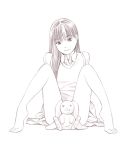  1girl barefoot long_hair monochrome original sketch skirt solo stuffed_animal stuffed_bunny stuffed_toy sweater_vest traditional_media yoshitomi_akihito 