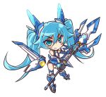  1girl armor blue_eyes blue_hair boots chibi cleavage_cutout frown gloves kubota_(pixiv) long_hair mecha_musume no_nose ore_twintail_ni_narimasu polearm solo spear tail_blue thigh-highs thigh_boots twintails weapon white_background 