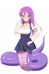  1girl blue_eyes blush breasts cleavage full_body haruharu55 highres jewelry lamia long_hair monster_girl original pendant pointy_ears purple_hair scales simple_background slit_pupils solo white_background 
