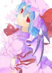  1girl arm_ribbon ascot bat_wings blue_hair dress flower hat hat_ribbon looking_at_viewer mob_cap mozuku0613 petals pink_dress pink_eyes puffy_short_sleeves puffy_sleeves remilia_scarlet ribbon short_sleeves solo touhou wings wrist_cuffs wrist_ribbon 