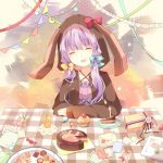  1girl ^_^ animal_hood bow bunny_hood cake closed_eyes cookie food hair_bow hair_ornament hair_ribbon hatoichi_reno highres hood long_hair looking_at_viewer open_mouth purple_hair ribbon smile solo twintails violet_eyes vocaloid yuzuki_yukari 