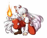  1girl boots bow fire fujiwara_no_mokou hair_bow long_hair maguro_(mawaru_sushi) pants red_eyes ribbon shirt solo suspenders touhou white_hair 