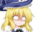  1girl blonde_hair bust forced_smile hat kirisame_marisa oden_(th-inaba) ribbon shirt short_hair simple_background solo sweatdrop touhou vest white_background witch_hat 