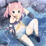  1girl :d animal_ears blue_eyes cat_ears cat_tail copyright_request hand_behind_head looking_at_viewer muku_(muku-coffee) official_art one-piece_swimsuit open_mouth pink_hair sailor_collar shoes sitting smile solo swimsuit tail thigh-highs two_side_up wet wet_clothes white_legwear 