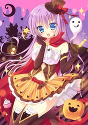  1girl black_gloves black_legwear blue_eyes cape elbow_gloves gloves halloween hat holding long_hair looking_at_viewer mini_top_hat navel original pleated_skirt purple_hair sakura_yuzuna skirt solo thigh-highs top_hat wand zettai_ryouiki 