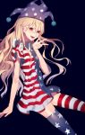  1girl american_flag_legwear american_flag_shirt blonde_hair blush clownpiece fang hat highres jester_cap long_hair looking_at_viewer no_wings open_mouth pointy_ears red_eyes smile solo thigh-highs thighs tian_(my_dear) touhou very_long_hair zettai_ryouiki 