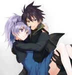  1boy 1girl arms_around_neck black_gloves black_hair blue_dress carrying darker_than_black dress gloves hei kabocha long_hair looking_at_another ponytail princess_carry purple_hair short_hair simple_background violet_eyes white_background yin 