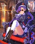  1girl armchair blurry chair depth_of_field empew gloves hair_ornament hat holding key long_hair looking_at_viewer low_twintails original purple_hair red_eyes shorts sitting solo tenkuu_no_crystalia thigh-highs twintails white_gloves white_legwear 