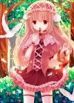  1girl absurdres bag bird brown_eyes brown_hair cookie dress flower food frilled_dress frills hair_ornament hairband handbag highres holding lolita_hairband long_hair looking_at_viewer moseley open_mouth original pigeon rose solo thigh-highs two_side_up white_legwear zettai_ryouiki 