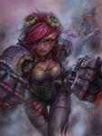  1girl blue_eyes character_name character_request choker clenched_hands facial_tattoo gauntlets goggles goggles_on_head highres league_of_legends lips mechanical_arms min_chan-wook oversize_forearms pink_hair short_hair shoulder_pads small_breasts solo_focus tattoo thigh_gap vi_(league_of_legends) 
