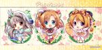  3girls :d blue_eyes brown_eyes brown_hair chibi hair_ornament hairclip hat idol koizumi_hanayo kousaka_honoka long_hair looking_at_viewer love_live!_school_idol_project minami_kotori multiple_girls open_mouth pleated_skirt sakurano_tsuyu short_hair silver_hair skirt smile violet_eyes 