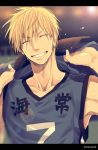  1boy basketball_uniform blonde_hair grin kise_ryouta kuroko_no_basuke letterboxed mashima_shima smile solo sportswear sweat 
