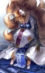  &gt;:) 1girl animal_ears blonde_hair blue_eyes bowing facial_mark fox_ears fox_mask fox_tail headwear_removed highres large_breasts looking_at_viewer mask mouth_hold multiple_tails ofuda short_hair solo tail touhou uu_uu_zan yakumo_ran 