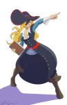  1girl blonde_hair book boots breasts brown_eyes calvin_sims cleavage coattails eyepatch full_body hat highres knee_boots long_coat long_hair marvel_vs._capcom marvel_vs._capcom_2 pants pirate pirate_hat pointing pointing_forward ruby_heart solo standing white_background wrist_cuffs 