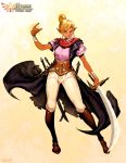  1girl blonde_hair blue_eyes boots breasts coat copyright_name cutlass_(sword) dark_skin full_body genzoman handwraps hyrule_total_war pointy_ears red_scarf scarf sheath sheathed short_sleeves signature sleeves_removed smile solo tetra the_legend_of_zelda 