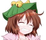  1girl animal_ears bell brown_hair bust closed_eyes collarbone futatsuiwa_mamizou glasses hat leaf oden_(th-inaba) open_mouth pince-nez raccoon_ears simple_background solo touhou white_background 