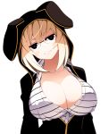  1girl animal_hood black_eyes blonde_hair blush_stickers breasts cleavage collarbone glasses head_tilt hood large_breasts looking_at_viewer original shirt short_hair simple_background solo striped striped_shirt torigoe_takumi unbuttoned white_background 
