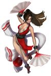  1girl ankle_boots boots breasts brown_eyes brown_hair cleavage dual_wielding erufan fan fatal_fury folding_fan hair_ornament highres japanese_clothes king_of_fighters large_breasts long_hair ninja ponytail shiranui_mai solo wrist_cuffs 