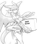  1girl breasts carrying claws cleavage english extra_mouth highres horns jabberwock_(monster_girl_encyclopedia) less long_hair long_tongue monochrome monster_girl_encyclopedia scales sketch solo tail tongue very_long_hair wings 