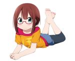  1girl barefoot bespectacled blue_eyes blush brown_hair feet glasses kousaka_yukiho leggings looking_at_viewer love_live!_school_idol_project lying miyako_hito on_stomach short_hair solo 