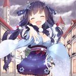  1girl ^_^ breasts cleavage closed_eyes copyright_request hair_ornament hair_ribbon japanese_clothes kimono kimono_skirt long_hair low_twintails muku_(muku-coffee) official_art open_mouth pleated_skirt purple_hair rain reaching ribbon skirt smile solo twintails 