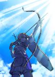  1girl arrow blue_sky bow_(weapon) highres japanese_clothes kaga_(kantai_collection) kantai_collection monochrome side_ponytail single_glove sky smirk sunlight tsuta_no_ha weapon 