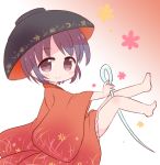  1girl blush_stickers bowl_hat gradient gradient_background holding japanese_clothes kimono looking_at_viewer marshmallow_mille needle purple_hair short_hair simple_background smile solo sukuna_shinmyoumaru touhou violet_eyes 