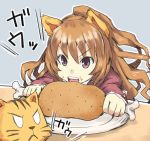  1girl aisaka_taiga animal_ears boned_meat brown_eyes brown_hair eating food gedou_(ge_ge_gedou) long_hair meat palmtop_tiger school_uniform tiger tiger_ears toradora! 