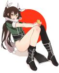  1girl asymmetrical_legwear boots brown_eyes brown_hair can hair_between_eyes hair_ribbon jacket kantai_collection long_hair looking_at_viewer oniku0430 ribbon scarf single_thighhigh sitting solo thigh-highs tone_(kantai_collection) twintails 