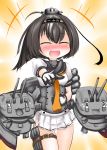  1girl :d ^_^ akizuki_(kantai_collection) black_hair blush chou-10cm-hou-chan closed_eyes gloves kantai_collection laughing long_hair looking_at_viewer machinery open_mouth ouno_(nounai_disintegration) pleated_skirt pointing pointing_at_viewer ponytail school_uniform serafuku skirt smile solo turret 