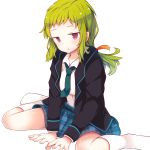  1girl beni_shake character_request copyright_request green_hair hair_ribbon long_hair looking_at_viewer low_ponytail parted_lips plaid plaid_skirt pleated_skirt ribbon school_uniform sitting skirt solo thigh-highs violet_eyes white_legwear 