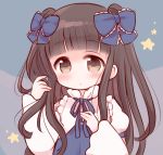  1girl bow brown_eyes brown_hair hair_bow hair_ribbon long_hair looking_at_viewer marshmallow_mille ribbon simple_background solo star_sapphire touhou two_side_up 