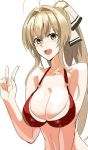  1girl amagi_brilliant_park antenna_hair bare_shoulders bikini blush breasts brown_eyes brown_hair cleavage large_breasts long_hair open_mouth ponytail red_bikini ruuto_(sorufu) sento_isuzu simple_background solo swimsuit v white_background 