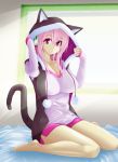  1girl animal_hood bare_legs barefoot blush breasts cat_hood collarbone headphones hood impossible_clothes impossible_shirt large_breasts long_hair looking_at_viewer miniskirt monochrome nitroplus pink_eyes pink_hair shirt sitting skirt smile solo super_sonico tail wariza 