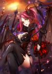  1girl black_gloves black_legwear breasts cleavage crossed_legs demon_girl demon_wings gloves highres horns lips long_hair looking_at_viewer monogo original pink_hair pointy_ears ponytail slit_pupils solo thigh-highs whip wings yellow_eyes 