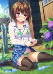  1girl :d black_legwear bra breasts brown_eyes brown_hair cleavage flower hydrangea looking_at_viewer open_mouth original panties school_uniform see-through short_hair sitting smile solo thigh-highs tonchan underwear wet wet_clothes zettai_ryouiki 