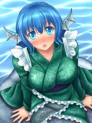  1girl blue_eyes blue_hair blush breasts collarbone head_fins hozenkakari japanese_clothes kimono large_breasts looking_at_viewer mermaid monster_girl obi open_mouth revision sash sitting_on_rock solo touhou wakasagihime water 