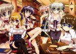  6+girls :o :p absurdres adjusting_glasses bespectacled blonde_hair blue_eyes blush book book_stack bookshelf bowtie breasts brown_hair cleavage corona_timir crossed_legs einhart_stratos fang fishnet_legwear fishnets frilled_shirt frown fujima_takuya glasses green_eyes green_hair hair_ribbon heterochromia highres large_breasts library long_hair looking_at_viewer lyrical_nanoha mahou_shoujo_lyrical_nanoha_vivid miura_rinaldi multiple_girls necktie official_art older over-rim_glasses pantyhose pink_hair purple_hair red_eyes ribbon rio_wezley semi-rimless_glasses short_hair side_ponytail side_slit skirt smile thigh-highs tongue tongue_out twintails under-rim_glasses violet_eyes vivio wrist_cuffs yagami_hayate 