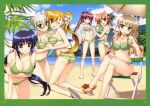  6+girls :d absurdres ass ball beach beach_umbrella beachball bikini blonde_hair blue_eyes blue_hair breasts brown_hair cleavage einhart_stratos green_bikini green_eyes grey_hair harry_tribeca highres holding_hands juice_box kneeling large_breasts leaning_forward lyrical_nanoha mahou_shoujo_lyrical_nanoha_vivid micaiah_chevelle miura_rinaldi multiple_girls open_mouth ponytail redhead side_ponytail sitting smile striped striped_bikini striped_swimsuit swimsuit tagme twintails victoria_dahlgrun violet_eyes vivio 