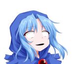  1girl blank_eyes blue_hair bust capelet hood jewelry kumoi_ichirin oden_(th-inaba) open_mouth pendant shocked_eyes simple_background solo touhou white_background 