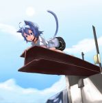  1girl ahoge animal_ears bell bell_collar blue_eyes blue_hair cat_ears cat_tail clouds collar from_below hair_ornament hairclip looking_down open_mouth original short_hair shorts solo t-shirt tail wk_(low-f) 