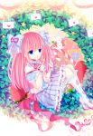  1girl :d absurdres ahoge bare_shoulders blue_eyes bow candy candy_cane carrot detached_sleeves hair_bow hair_ribbon highres leaf letter long_hair looking_at_viewer love_letter moseley open_mouth original pink_hair rabbit ribbon sitting smile solo wrist_cuffs 